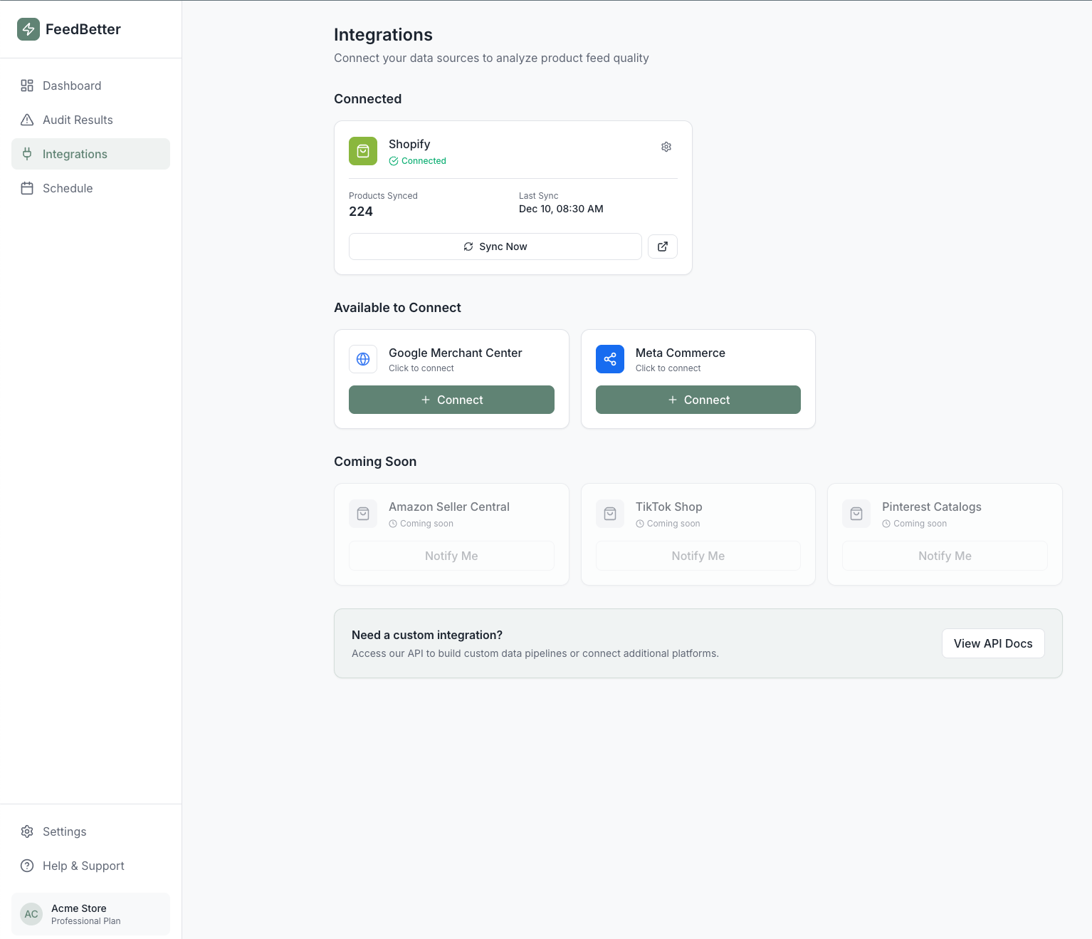 Integrations page showing Shopify connected with Google and Meta available